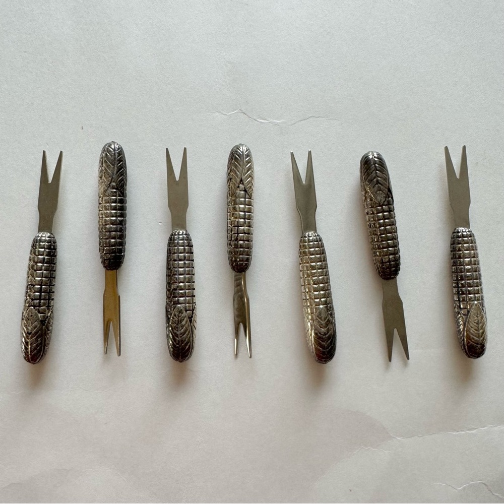 Vintage Silver Tone Corn - On the Cobb Shaped Appetizer Forks Set of 7